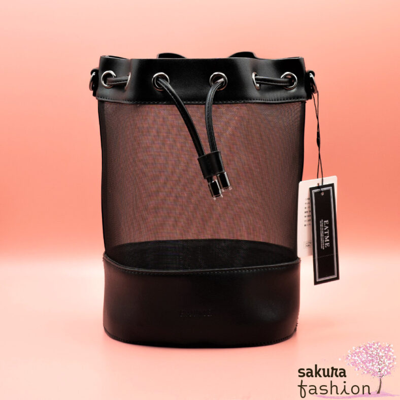 EATME Mesh-Kombi-Beuteltasche Schwarz Transparente Meshtasche Stoffbeutel Schultergurt Logo Japan Kawaii Feminin Sexy Mesh Combi bucket bag