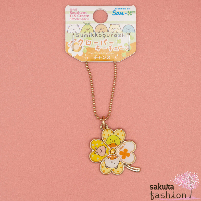 San-X Sumikko Gurashi Schlüsselanhänger Orange Gold Vierblättriges Glückskleeblatt Motiv Eisbär Shirokuma Weiß Furoshiki Rosa Pinguin Penguin? Grün Schmuckstein Accessoire Merchandise Japan Kawaii sumikkogurashi cloverleaf keychain (chance)