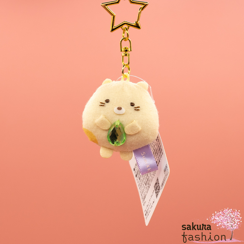 San-X Sumikko Gurashi Schlüsselanhänger Stofftiermaskottchen Katze Neko Beige Schmuckstein Karabinerhaken Sternenform Gold Japan Kawaii Magical hanging stuffed toy (neko)