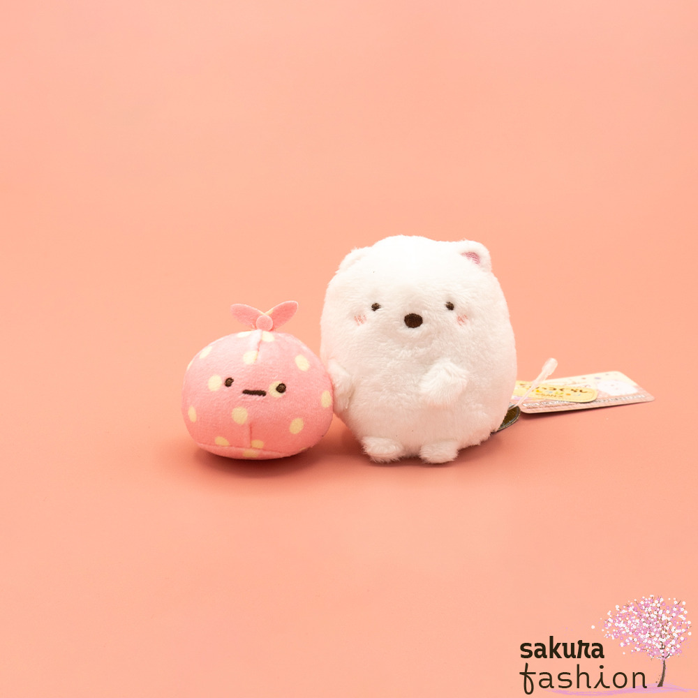 San-X Sumikko Gurashi Stofftier Set Eisbär Shirokuma Weiß Tuch Furoshiki Rosa Punkte Gelb Weich Japan Kawaii tenori plush toy (pair) (home café furoshiki & shirokuma)