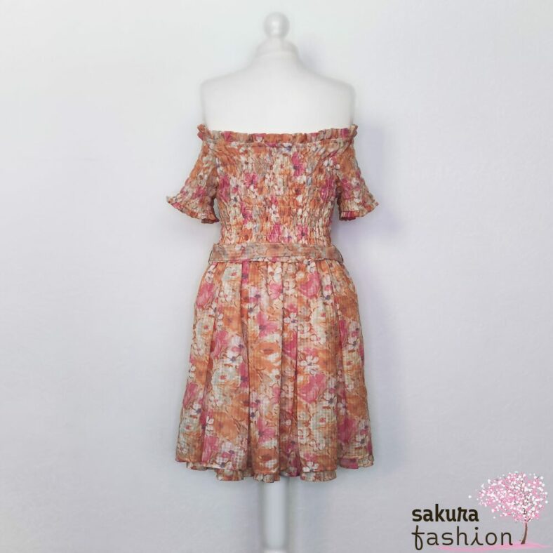 Liz Lisa Kleid Orange Blumenmuster Floral Schulterfrei Taillenband Gürtel Gerafft Shirring Zierknöpfe Japan Kawaii dress with floral pattern orange