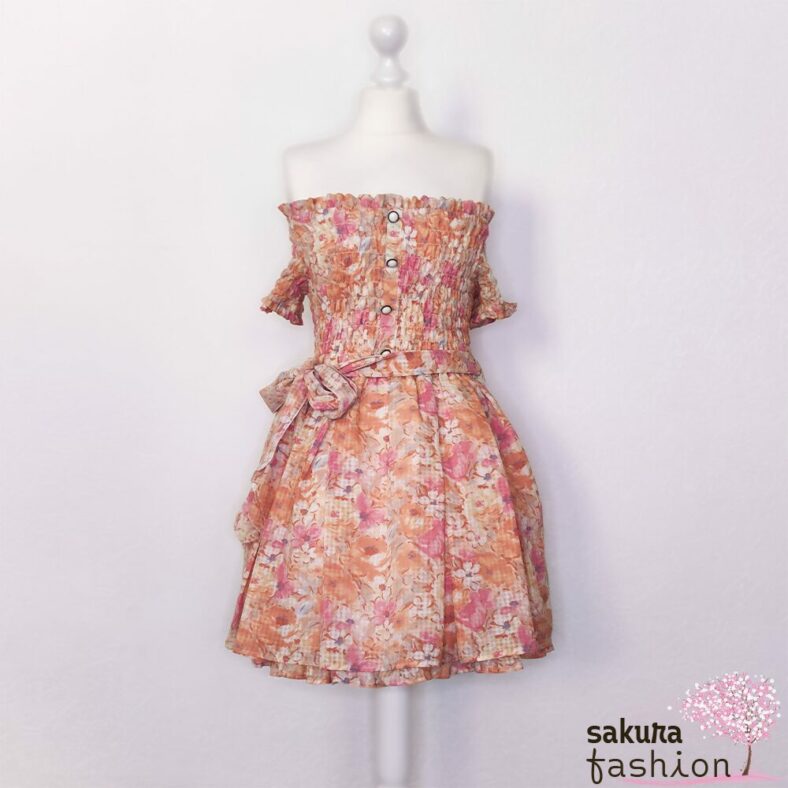 Liz Lisa Kleid Orange Blumenmuster Floral Schulterfrei Taillenband Gürtel Gerafft Shirring Zierknöpfe Japan Kawaii dress with floral pattern orange