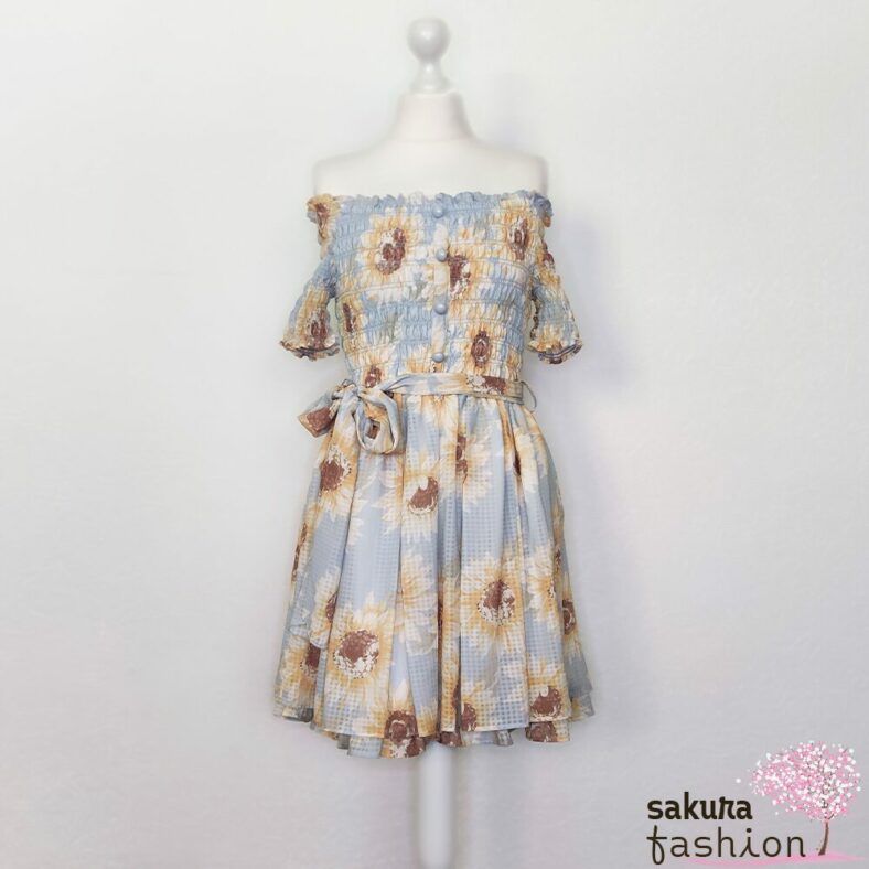 Liz Lisa Kleid Blau Sonnenblumenmuster Floral Schulterfrei Taillenband Gürtel Gerafft Shirring Zierknöpfe Japan Kawaii dress with sunflower pattern blue