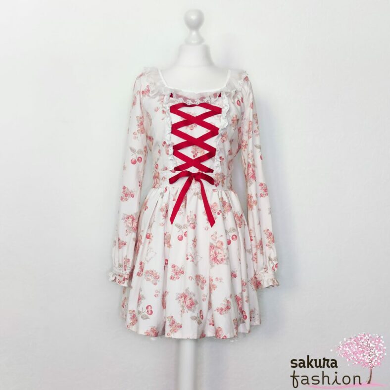 Liz Lisa Kleid Weiß Katzenmotiv Kirschmuster Schnürung Schleife Rot Spitze Rüsche Langarm Japan Kawaii cat cherry dress white