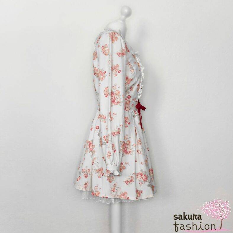 Liz Lisa Kleid Weiß Katzenmotiv Kirschmuster Schnürung Schleife Rot Spitze Rüsche Langarm Japan Kawaii cat cherry dress white