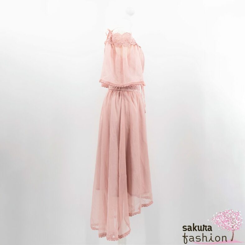 Liz Lisa Kleid Rosa Masi Lang Spitze Floral Häkelborte Herzen Schleifenband Schleife Gerafft Tailliert Schulterfrei Trägerkleid Zierknöpfe Halbarm Transparent Japan Kawaii Fish Tail One-piece pink