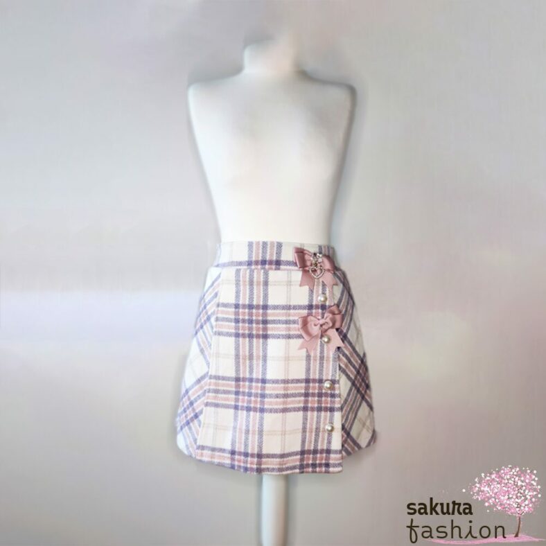 Liz Lisa Rock Lila Karomuster Kariert Schleifenbrosche Perlenzierknöpfe Bijou Herzanhänger Schmuckstein Japan Kawaii ribbon brrooch skirt purple