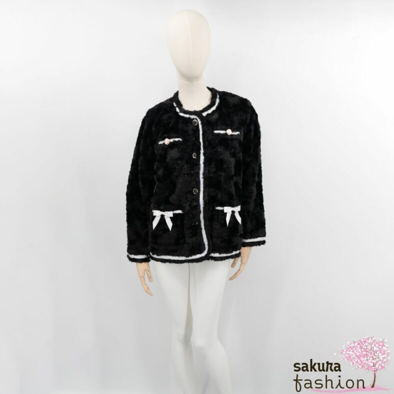 Axes Femme Poetique Kunstfelljacke Schwarz Schleifen Weiß Knöpfe Jackentaschen Kuschelig Weich Flauschig Zierknöpfe Japan Kawaii Feminin ribbon design fur jacket black