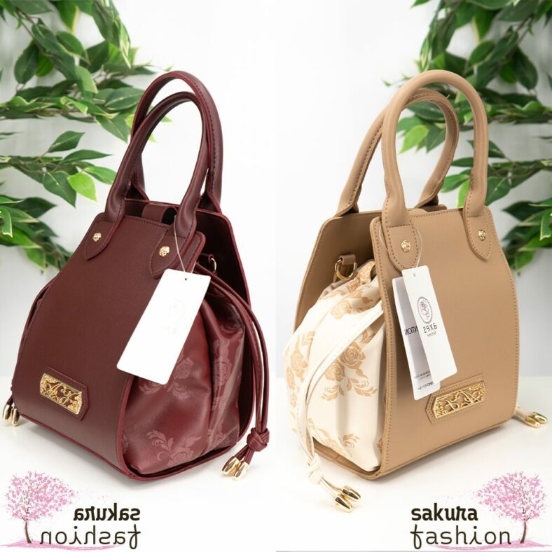 Axes Femme Beutel Kunstleder Weinrot Beige Handtasche Umhängetasche Schultergut Floral Blumenmotiv Chinesischer Stil Kordelzug Gold Logo Japan Kawaii Feminin color scheme drawstring bag beige wine red