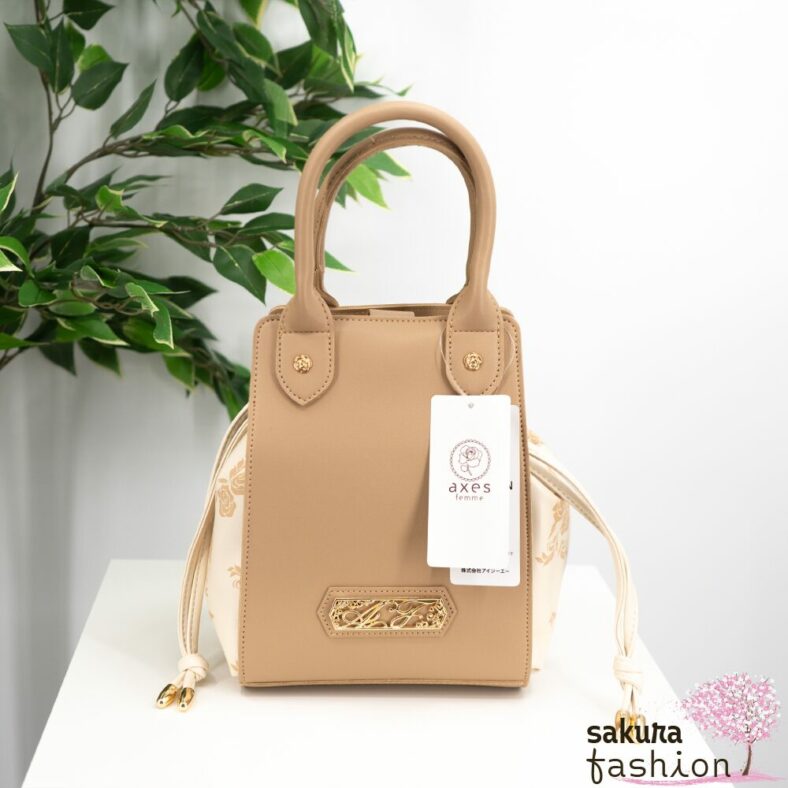 Axes Femme Beutel Kunstleder Beige Handtasche Umhängetasche Schultergut Floral Blumenmotiv Chinesischer Stil Kordelzug Gold Logo Japan Kawaii Feminin color scheme drawstring bag beige