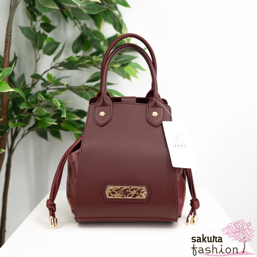 Axes Femme Beutel Kunstleder Weinrot Handtasche Umhängetasche Schultergut Floral Blumenmotiv Chinesischer Stil Kordelzug Gold Logo Japan Kawaii Feminin color scheme drawstring bag wine red