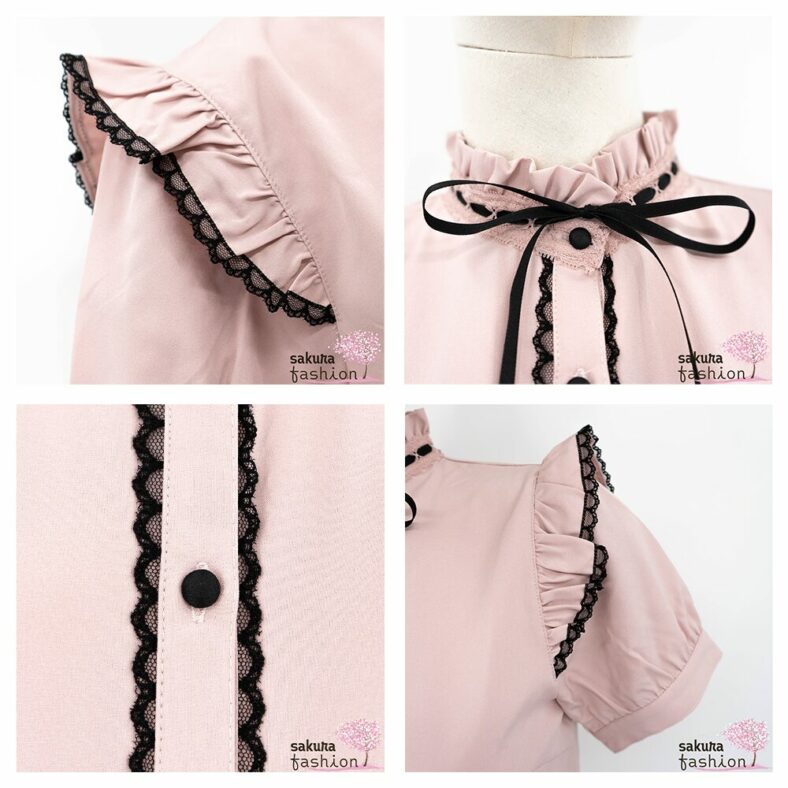 Axes Femme Poetique Rüschenbluse rosa Kurzarm Farbdetails Schwarz Häkelbörde Kragenschleife Knöpfe Knopfleiste Volantdetails Japan Kawaii Feminin color scheme design frilling blouse pink