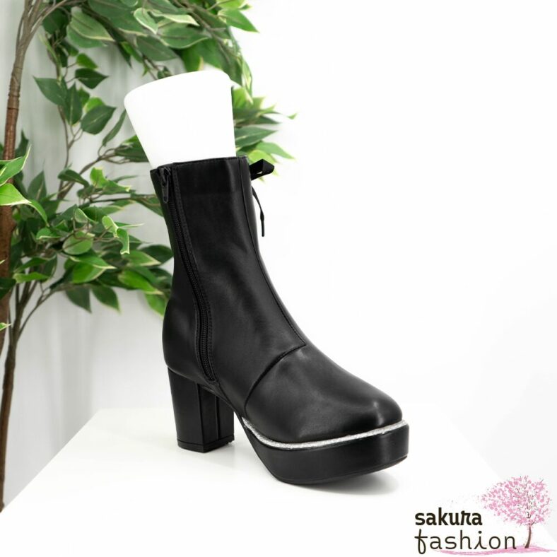 Axes Femme Poetique Stiefel Kunstleder Absatzschuhe Schwarz Glitzer Schnürdetail Schleife Japan Kawaii Feminin Elegant rametip boots black