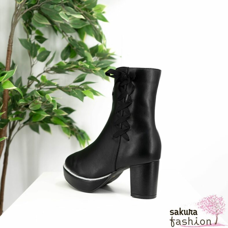 Axes Femme Poetique Stiefel Kunstleder Absatzschuhe Schwarz Glitzer Schnürdetail Schleife Japan Kawaii Feminin Elegant rametip boots black