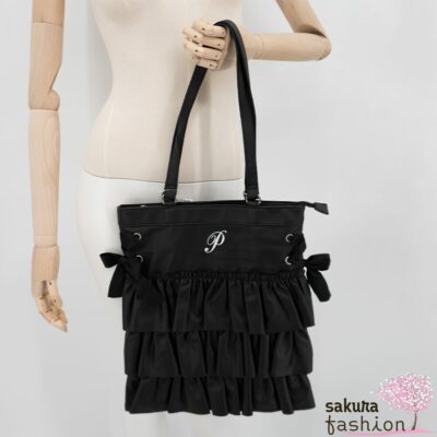 Axes Femme Poetique Kunstleder Einkaufstasche Beutel Schwarz Rüschen Bestickt Schnürung Schleife Japan Kawaii Feminin synthetic leather tort bag black
