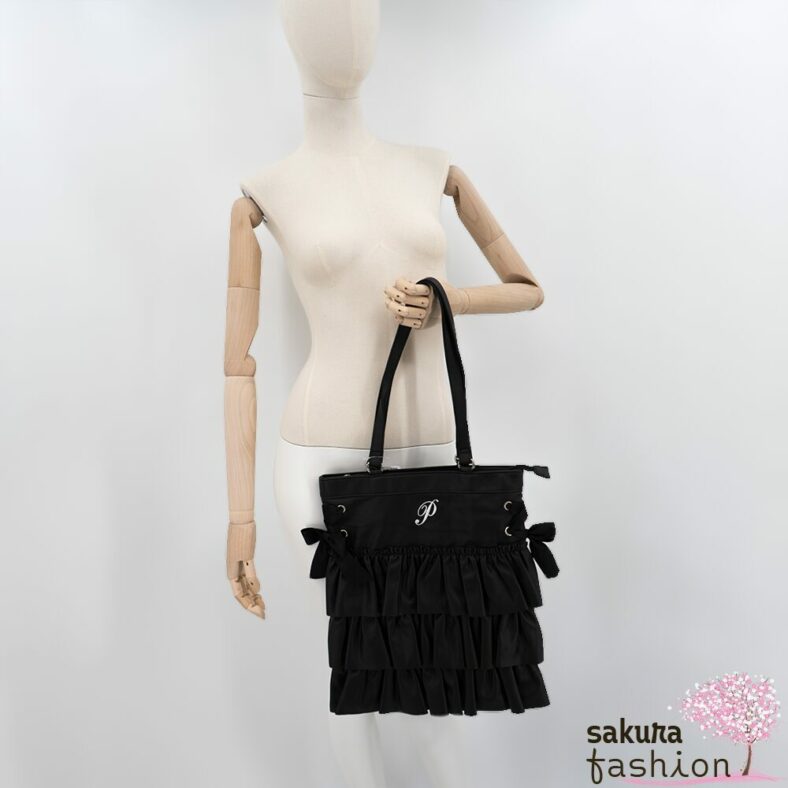 Axes Femme Poetique Kunstleder Einkaufstasche Beutel Schwarz Rüschen Bestickt Schnürung Schleife Japan Kawaii Feminin synthetic leather tort bag black