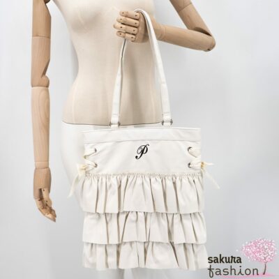 Axes Femme Poetique Kunstleder Einkaufstasche Beutel Weiß Rüschen Bestickt Schnürung Schleife Japan Kawaii Feminin synthetic leather tort bag white
