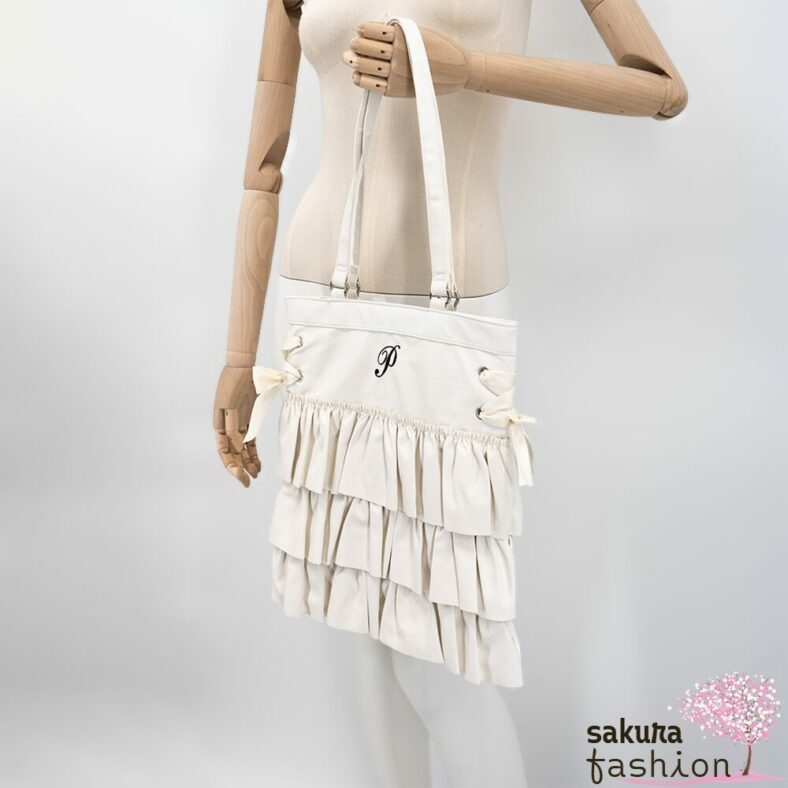 Axes Femme Poetique Kunstleder Einkaufstasche Beutel Weiß Rüschen Bestickt Schnürung Schleife Japan Kawaii Feminin synthetic leather tort bag white