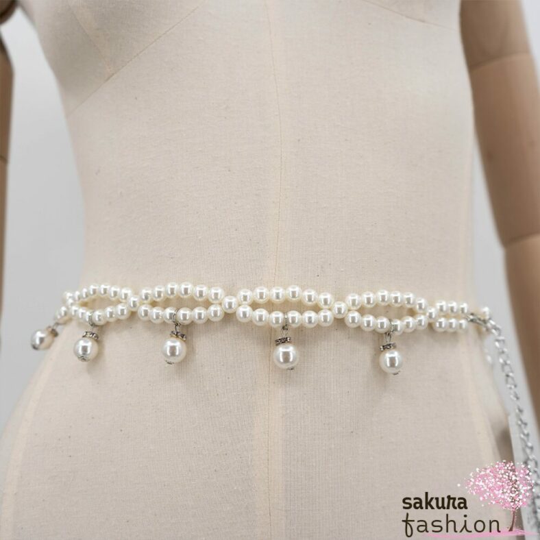 Axes Femme Taillengürtel Perlengürtel Weiß Elegant Schmuckstein Accessoire Japan Kawaii Feminin pearl chain belt white
