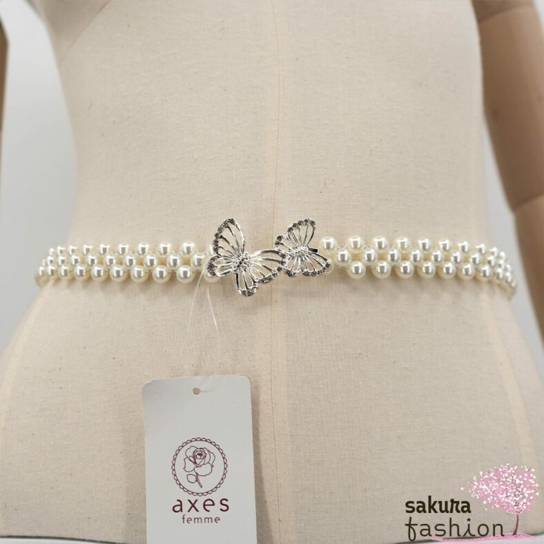 Axes Femme Taillengürtel Perlengürtel Weiß Zierschnalle Silber Schmetterling Elegant Schmucksteine Funkelnd Accessoire Japan Kawaii Feminin butterfly pearl rubber belt silver