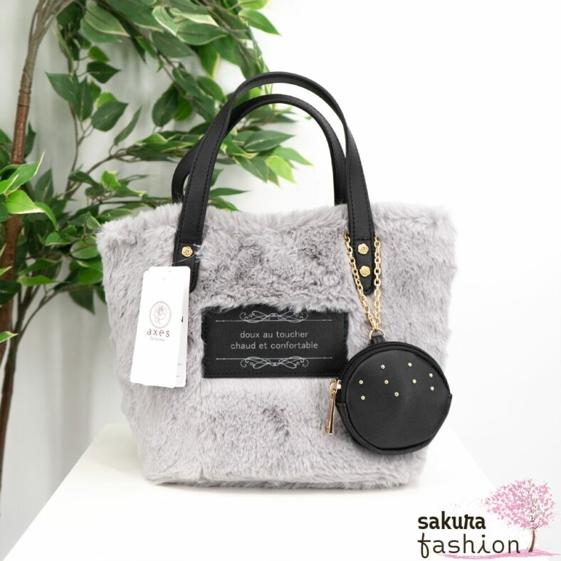 Axes Femme Kunstfelltasche Grau Handtasche Kunstlederdetails mini Tasche Portmonee Umhängetasche Japan Kawaii Feminin fur mini tote with pouch grey