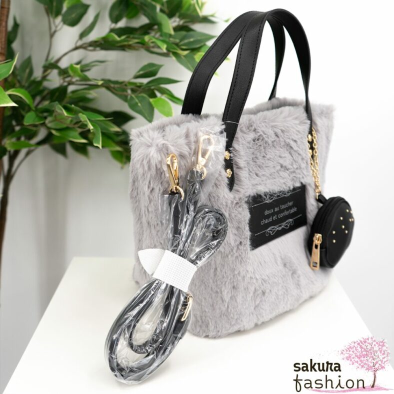 Axes Femme Kunstfelltasche Grau Handtasche Kunstlederdetails mini Tasche Portmonee Umhängetasche Japan Kawaii Feminin fur mini tote with pouch grey