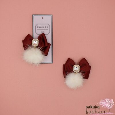 Rojita Accessoire Haarspange Haarschleife Weinrot Kunstfell Pompon Weiß Schmuckstein Japan Kawaii ribbon clip set with pom pom fur wine red