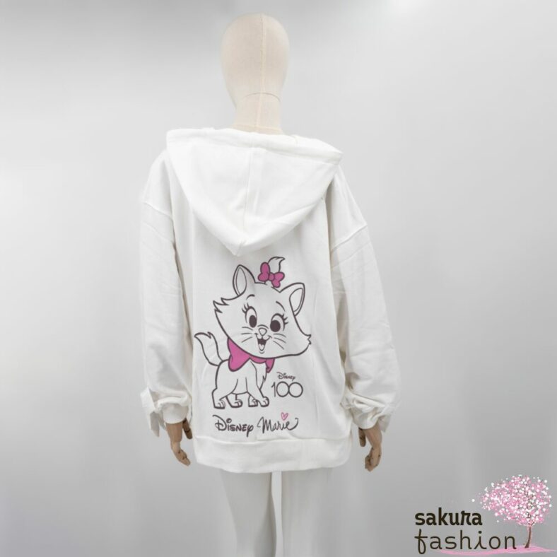 Rojita Disney Kapuzenpullover Oversized Pulloverkleid Weiß Rückenprint Motivdruck Katze Marie Kapuze Schleife Kängurutasche 100. Jubiläum Japan Kawaii Marie chan back print hoodie white