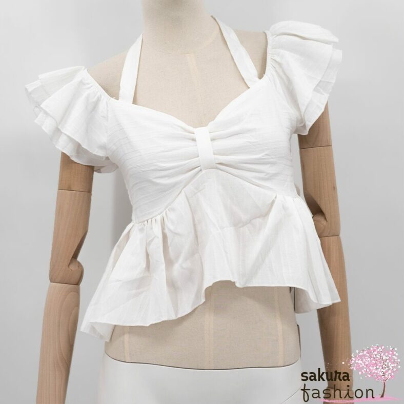 Rmine Neckholder-Schößchentop Weiß Rüschen Schmetterlings-Stil Schleife Sommer Japan Korea Kawaii halter neck ribbon style peplum tops white