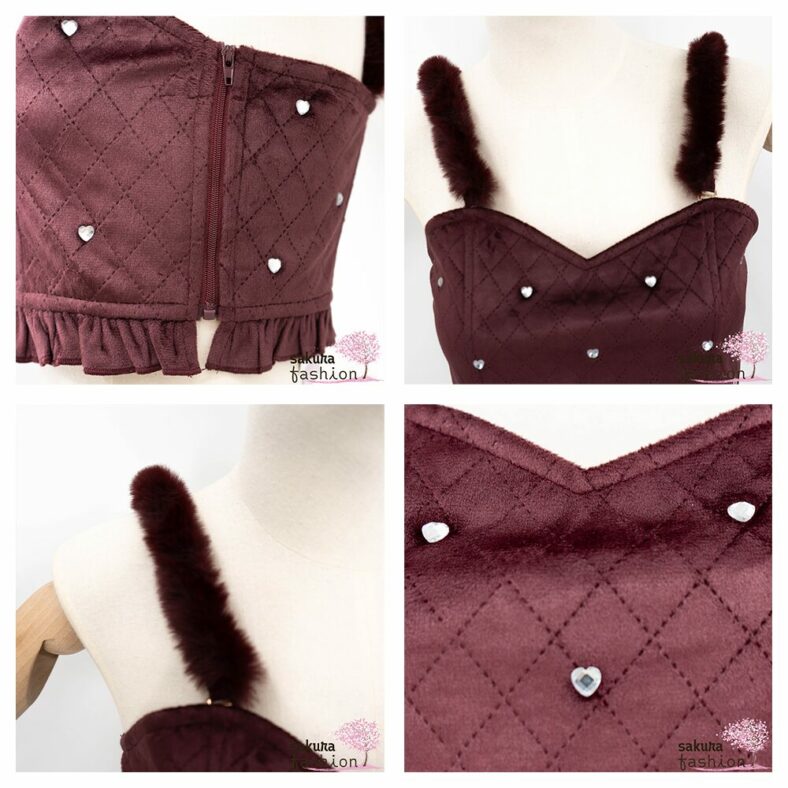 Rojita Top Weinrot Gesteppt Bauchfrei Rautenmuster Bijouherzen Kunstfellträger Weich Samt Japan Kawaii heart bijou quilting bustier bordeaux