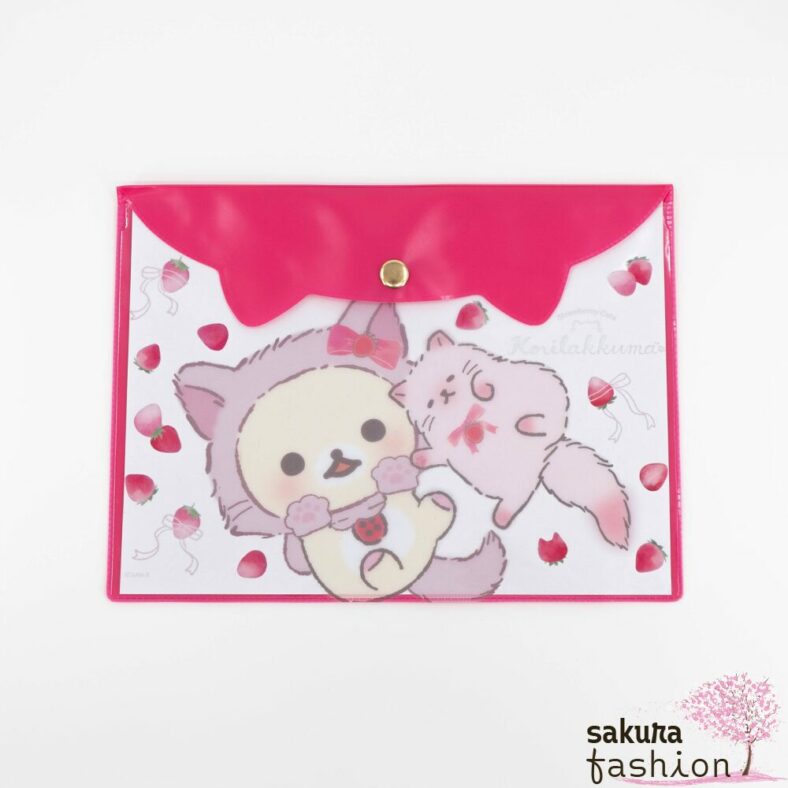 San-X Korilakkuma Erdbeerkatze Rosa Klarsichtumschlag A5 Rot Katzenohren Motiv Klarsichthülle Prospekthülle Japan Kawaii clear sleeve A5 (korilakkuma and strawberry cat a)