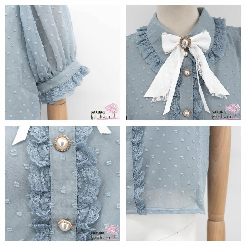 Rojita Bluse Hellblau transparent Punktemuster Bubikragen Rüschen Spitze Perlmuttknöpfe Schleife Weiß Brosche Schmuckstein Japan Kawaii dobby dot sheer blouse blue