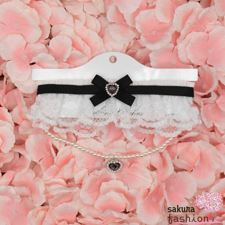 Rojita Accessoire Choker Spitze Weiß Perlenkette Schleife Herzanhänger Schwarz Bijou Halskette Japan kawaii pearl heart necklace choker white