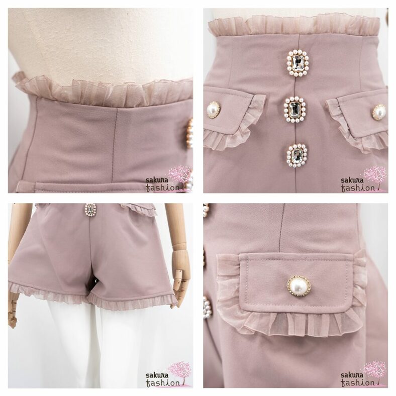 Rojita Shorts Rosa Rüschen Pattentasche Perlmuttknöpfe Zierknöpfe Schmucksteine Zart Hose Kurz Japan Kawaii flap pocket sheer frill shorts pink