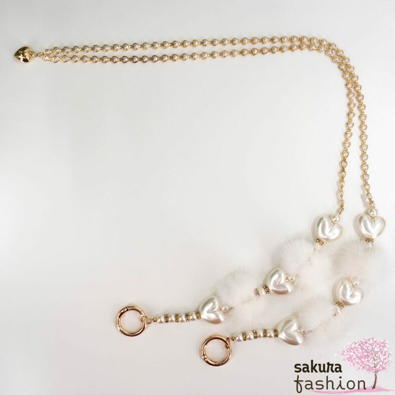 Rojita Accessoire Mehrfachkette Taschenkette Gold Herzen Perlen Weiß Kunstfell Pompons Herzanhänger Japan Kawaii heart pearl pom pom fur multi chain white