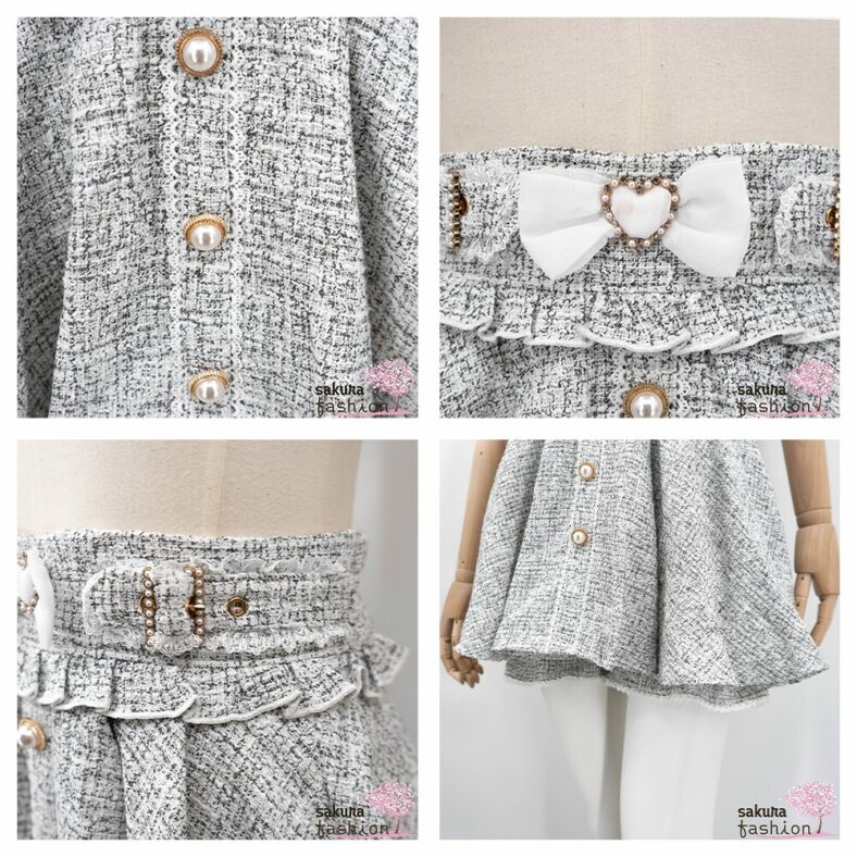 Rojita Hosenrock Tweed Grau Schnallendetail Tailliert Spitze Rüschen Zierknöpfe Schmuckknöpfe Schleife Glitzerherz Japan Kawaii side buckle tweed skirt pants gray