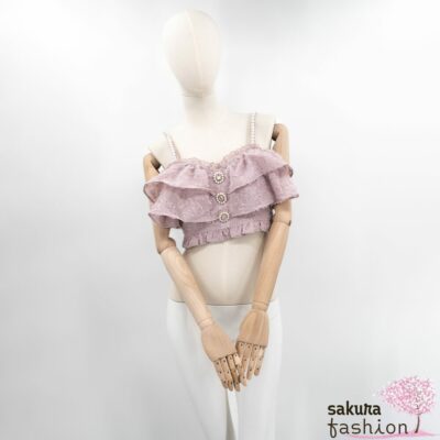 Rojita Top Federbustier Rosa Rüschen Spitzendetails Perlenträger Weiß Zierknöpfe Schmucksteine Zart Bauchfrei Japan Kawaii ruffled feather bustier pink