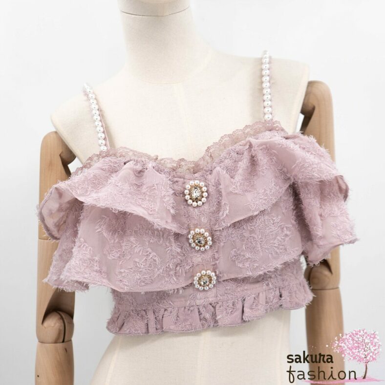 Rojita Top Federbustier Rosa Rüschen Spitzendetails Perlenträger Weiß Zierknöpfe Schmucksteine Zart Bauchfrei Japan Kawaii ruffled feather bustier pink