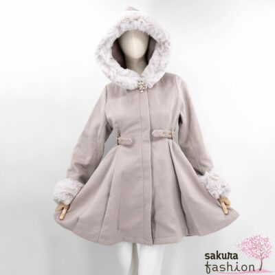 Rojita Stoffmantel Rosa Kapuze Kunstfellkapuze Kunstfellmanschetten Brosche Zierschnallen Tailliert Japan Kawaii west heart buckle hoodie coat pink