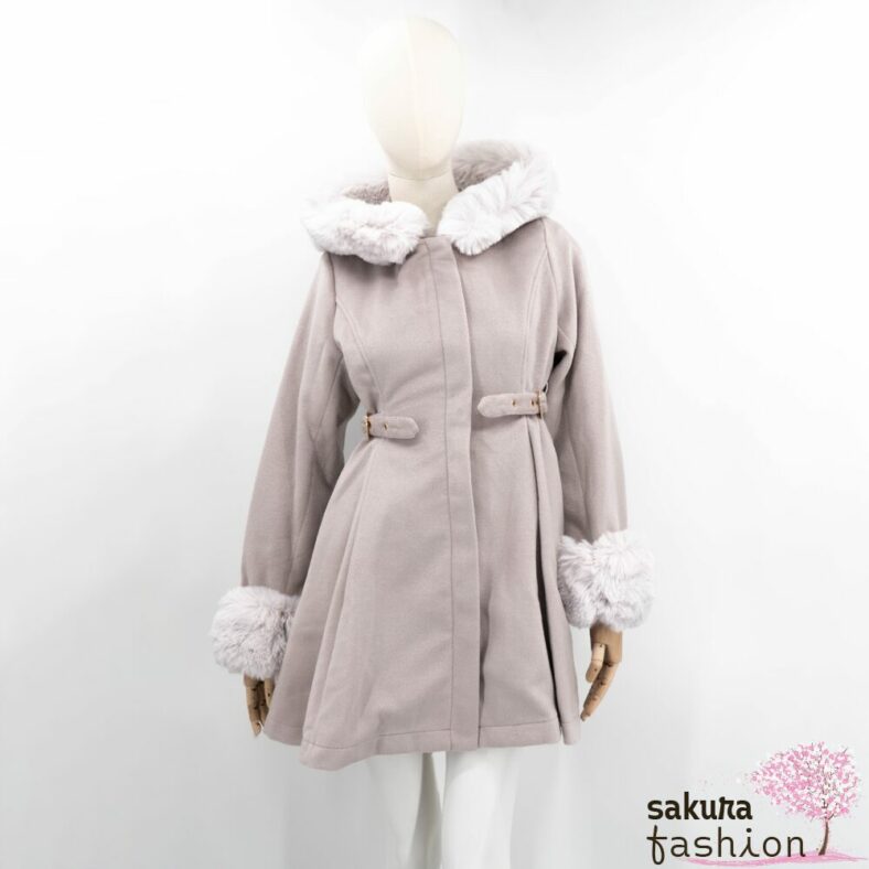 Rojita Stoffmantel Rosa Kapuze Kunstfellkapuze Kunstfellmanschetten Brosche Zierschnallen Tailliert Japan Kawaii west heart buckle hoodie coat pink