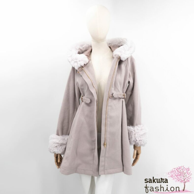 Rojita Stoffmantel Rosa Kapuze Kunstfellkapuze Kunstfellmanschetten Brosche Zierschnallen Tailliert Japan Kawaii west heart buckle hoodie coat pink