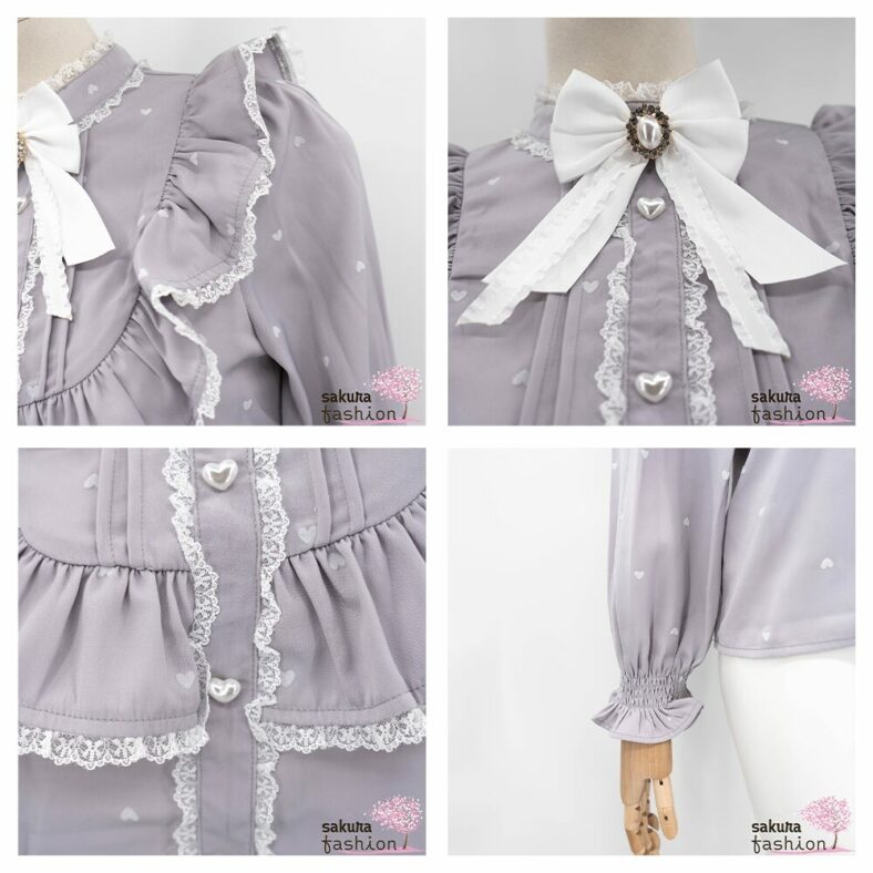 Rojita Bluse Lila langarm Rüschen Spitze Kragenschleife Stehkragen Brosche Herzzierknöpfe Ärmelraffung Herzmuster Weiß Japan Kawaii heart pattern flocked blouse purple