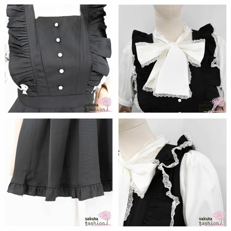 Rojita Klein Kurz Mini Schwarz Rüschen Volantdetails Tailliert Kragenschleife Spitze Kurzarm Zierknöpfe Weiß Japan Kawaii bowtie ribbon dress black