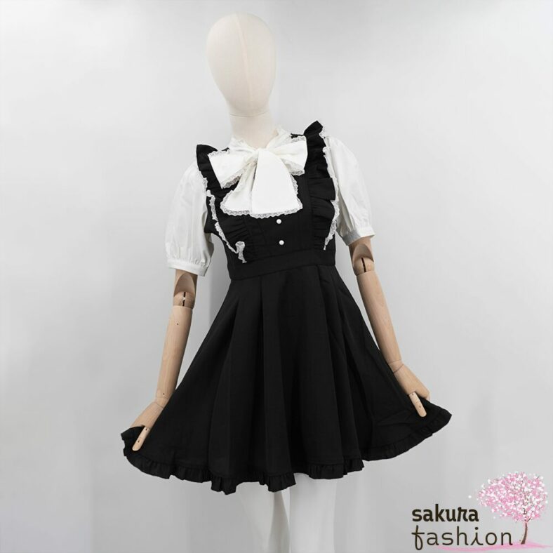 Rojita Klein Kurz Mini Schwarz Rüschen Volantdetails Tailliert Kragenschleife Spitze Kurzarm Zierknöpfe Weiß Japan Kawaii bowtie ribbon dress black