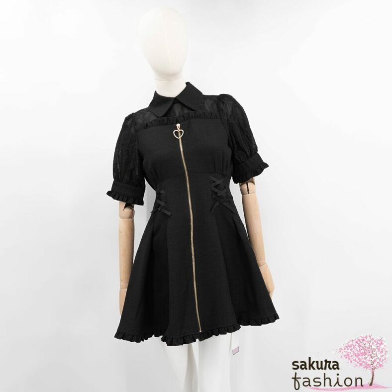 Rojita Kleid Kurz Mini Schwarz Puffärmel Spitze Rüschen Schnürund Schleife Schleifenbrosche Reißverschluss Japan Kawaii front zip dress black