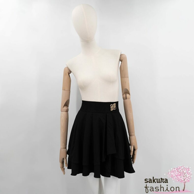 Rojita asymmetrischer ausgestellter Rock Schwarz Spitzenverzierung Monogrammbrosche Gold Japan Kawaii Feminin asymmetrical flare skirt black