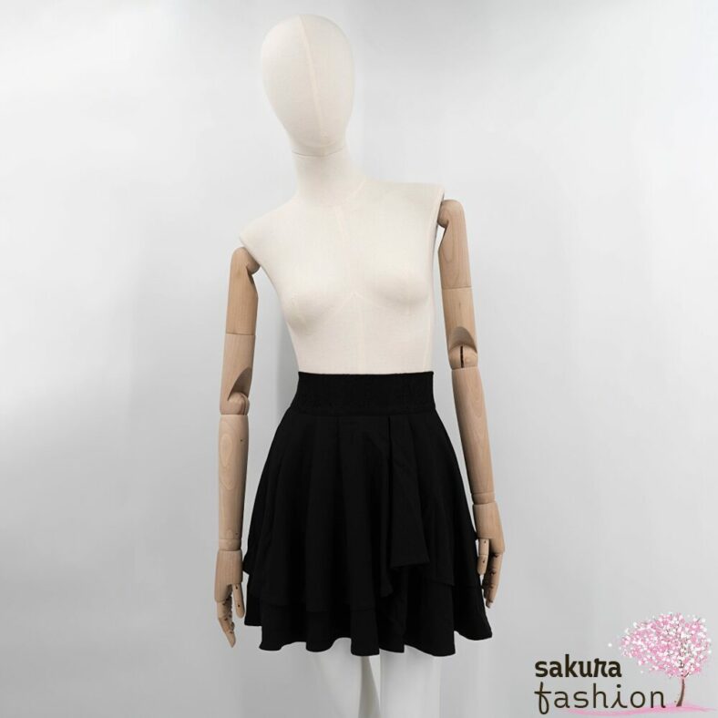 Rojita asymmetrischer ausgestellter Rock Schwarz Spitzenverzierung Monogrammbrosche Gold Japan Kawaii Feminin asymmetrical flare skirt black