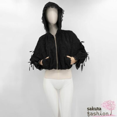 Rojita Blouson Schwarz Spitze Kapuze Schleifen Transparenter Stoff Japan Kawaii hoodie blouson black