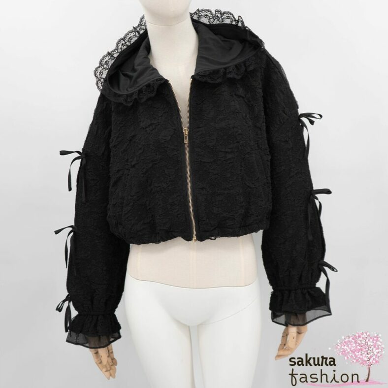 Rojita Blouson Schwarz Spitze Kapuze Schleifen Transparenter Stoff Japan Kawaii hoodie blouson black