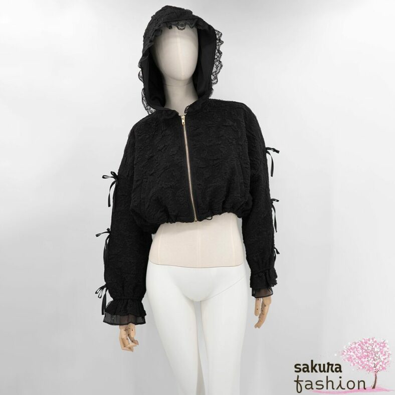 Rojita Blouson Schwarz Spitze Kapuze Schleifen Transparenter Stoff Japan Kawaii hoodie blouson black